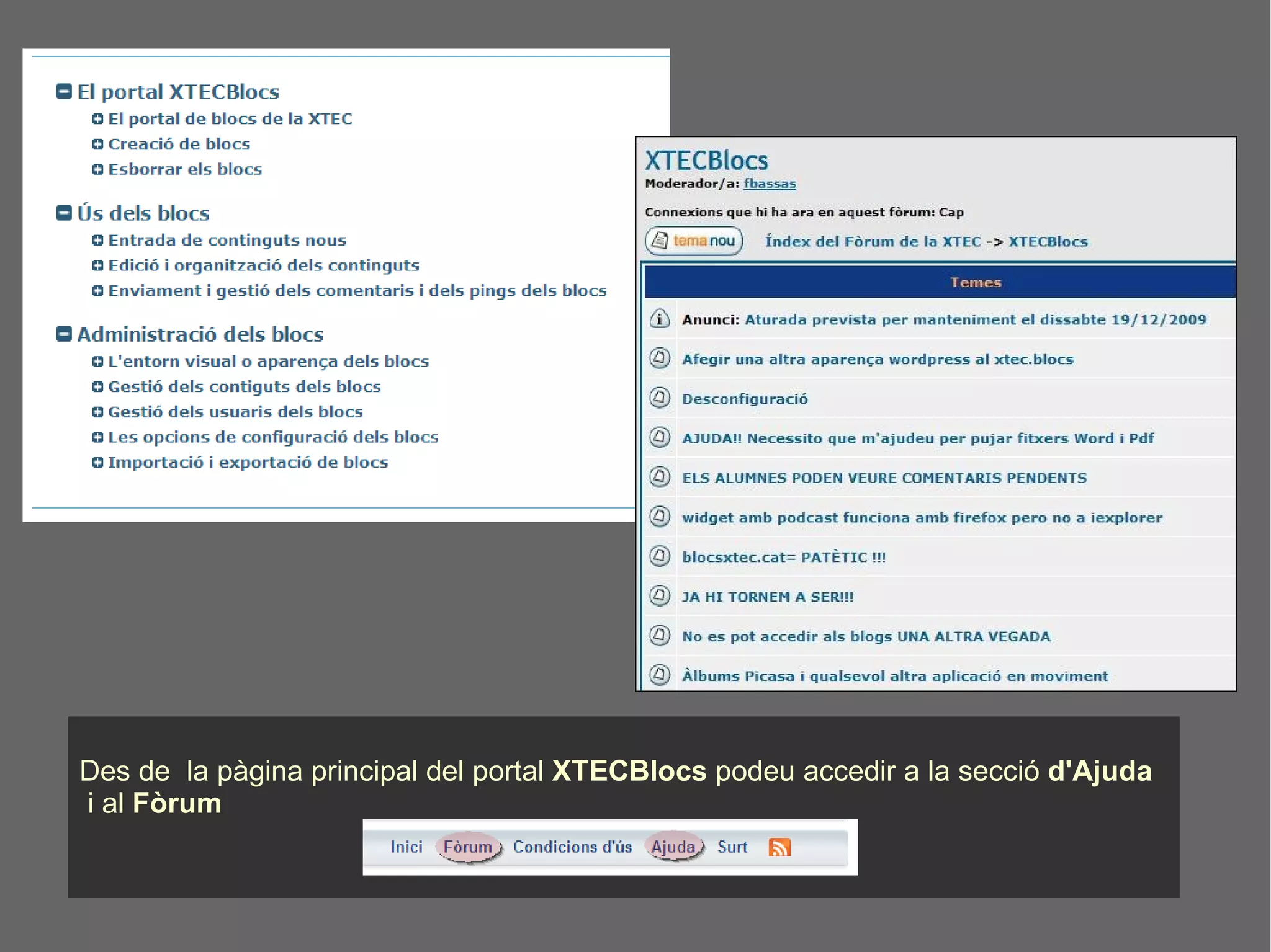 Des de  la pàgina principal del portal  XTECBlocs  podeu accedir a la secció  d'Ajuda i al  Fòrum  