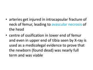 • arteries get injured in intracapsular fracture of
neck of femur, leading to avascular necrosis of
the head
• centre of ossification in lower end of femur
and even in upper end of tibia seen by X-ray is
used as a medicolegal evidence to prove that
the newborn (found dead) was nearly full
term and was viable
 