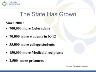 Public: What’s the right thing to do?We don’t trust government:  Coloradans, on average, perceive that government wastes 42 cents of every tax dollar.  Trust in public officials at historic lows.We oppose more spending cuts: Majority of voters agree cutting vital public services during a recession hurts our families and our economy, while reducing our quality of life.We agree with how state funds are spent: Majority agree education, basic health care, public safety, senior services, highways and transit are underfunded and oppose more cuts.We’re not sure if now is the time to act: Majority of voters are concerned about raising taxes during a recession.Colorado Nonprofit Association: Review of Surveys, Fall/Winter 2010-11