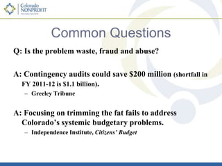 Remember this Hypothetical SituationImagine your child’s or grandchild’s elementary school grows from 250 to 300 students.Imagine that there is no increase in the budget. The school has to serve 20% more students with the same amount of money.Enrollment in St. Vrain has grown 16% since 2007. Per pupil funding for FY 2012 will be less than in FY 2007. Total program funding for FY 2012 will be $13 million less than FY2010.(If Governor Hickenlooper’s budget is adopted.)Is this sustainable?