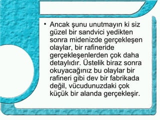 • Ancak şunu unutmayın ki siz
  güzel bir sandvici yedikten
  sonra midenizde gerçekleşen
  olaylar, bir rafineride
  gerçekleşenlerden çok daha
  detaylıdır. Üstelik biraz sonra
  okuyacağınız bu olaylar bir
  rafineri gibi dev bir fabrikada
  değil, vücudunuzdaki çok
  küçük bir alanda gerçekleşir.
 