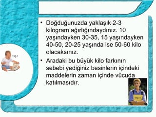 • Doğduğunuzda yaklaşık 2-3
  kilogram ağırlığındaydınız. 10
  yaşındayken 30-35, 15 yaşındayken
  40-50, 20-25 yaşında ise 50-60 kilo
  olacaksınız.
• Aradaki bu büyük kilo farkının
  sebebi yediğiniz besinlerin içindeki
  maddelerin zaman içinde vücuda
  katılmasıdır.
 