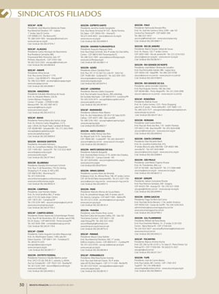 SINdICATOS FIlIAdOS
     SESCAP - ACRE                                          SESCON - ESPíRITO SANTO                                    SESCON - PIAUí
     Presidente: José Maurício Batista do Prado             Presidente: Jacintho Soella Ferrighetto                    Presidente: Raimundo Nonato filho
     Rua Marechal Deodoro 197 ­ Galeria                     End.: Rua Neves Armond, Nº 535 – Bento Ferreira,           End.: Av. José dos Santos e Silva, 2.090 ­ sala 102
     1° Andar, Sala 02 Centro                               Ed. Dakar ­ CEP: 29050­705 – Vitoria/ES                    Centro/Sul, Teresina/PI ­ CEP: 64001­300
     CEP: 69900­210 ­ Rio Branco/AC                         Tel.:(27) 3434­4052 ­ sescon@sescon­es.org.br              Tel.: (86) 3221­9557
     Tel.: (68) 3244­1005 ­ sescapac@hotmail.com            www.sescon­es.org.br                                       sescon.pi@hotmail.com ­ www.sesconpiaui.org
     www.sescap­ac.org.br                                   Cód. Sindical: 002.365.04904­9                             Cód. Sindical: 002.365.90801­7
     Cód. Sindical: 002.365.97974­7
                                                            SESCON - GRANDE FLORIANóPOLIS                              SESCON - RIO DE JANEIRO
     SESCAP - ALAGOAS                                       Presidente: Augusto Marquart Neto                          Presidente: Márcia Tavares Sobral de Sousa
     Presidente: Carlos Henrique do Nascimento              End.: Rua Felipe Schmidt, 303, 9º andar, Ed. Dias Velho,   End.: Av. Passos, 120, 7° andar, Centro
     Rua Rivadávia Carnaúba, 880,                           Centro ­ CEP: 88010­903 Florianópolis/SC                   CEP: 20051­040 – Rio de Janeiro/RJ ­ Tel.: (21) 2216­5353
     Empresarial Belo Horizonte, Sala 107                   Tel.: (48) 3222­1409 ­ sescon@sesconfloripa.org.br         sesconrj@sescon­rj.org.br ­ www.sescon­rj.org.br
     Pinheiro. Maceió/AL ­ CEP: 57057­260                   www.sesconfloripa.org.br                                   Cód. Sindical: 002.365.86767­1
     Tel: (82) 3223­2503 ­ sescap.al@hotmail.com            Cód. Sindical: 002.365.88511­4
     Cód. Sindical: 002.365.89638­8                                                                                    SESCON - RIO GRANDE DO NORTE
                                                            SESCON - GOIáS                                             Presidente: José Weber Oliveira de Carvalho
     SESCAP - AMAPá                                         Presidente: Edson Cândido Pinto                            End.: Rua Romualdo Galvão, 986 ­ Lagoa Seca
     Presidente: Vilma Servat                               End.: Rua 107, nº 23, Qd. F22, Lote 03 ­ Setor Sul         CEP: 59056­100 ­ Natal/RN ­ Tel.: (84) 3201­0708
     End.: Rua Jovino Dinoá n° 1770                         CEP: 74.085­060 ­ Goiânia/GO ­ Tel.: (62) 3091­5051        sescon@sescon­rn.com.br ­ www.sescon­rn.com.br
     Centro ­ Cep: 68.900­075 ­ Macapá/AP                   sescongoias@sescongoias.org.br ­                           Cód. Sindical: 002.365.91069­0
     Tel.: (96) 3222­9604 ­ secretaria@sescapap.org.br      www.sescongoias.org.br
     www.sescapap.com.br                                    Cód. Sindical: 002.365.05474­3                             SESCON - RIO GRANDE DO SUL
     Cód. Sindical: 002.365.00000­7                                                                                    Presidente: Jaime Gründler Sobrinho
                                                            SESCAP - LONDRINA                                          End.: Rua Augusto Severo, 168, São João
     SESCON - AMAZONAS                                      Presidente: Marcelo Odeto Esquiante                        CEP: 90240­480 – Porto Alegre/RS ­ Tel.: (51) 3343­2090
     Presidente: Edivaldo Mendonça de Souza                 End.: Rua Senador Souza Neves, 289, sobreloja,             sescon­rs@sescon­rs.com.br ­ www.sescon­rs.com.br
     End.: Av. Eduardo Ribeiro, 520, Br.                    Ed. Euclides Machado ­ CEP: 86010­914 ­ Londrina/PR
     Centro Manaus Shopping                                 Tel.: (43) 3329­3473 ­ sescapldr@sescapldr.com.br          SESCAP - RONDÔNIA
     Center, 17ª andar – CEP69010­000                       www.sescapldr.com.br                                       Presidente: Didmar Duwe
     Manaus/AM ­ Tel.: (92) 3087­4613                       Cód. Sindical: 002.365.90169­1                             End.: Av. Carlos Gomes, 1223 ­ Porto Shopping
     sesconam@fenacon.org.br                                                                                           sala 414, 4° andar ­ Porto Velho/RO ­ CEP: 76801­123
     www.sesconam.org.br                                    SESCAP - MARANHãO                                          Tel.: (69) 3223­7577 ­ sescaprondonia@amazonspeed.com
     Cód. Sindical: 002.365.91072­0                         Presidente: Gilberto Alves Ribeiro                         www.sescap­ro.com.br
                                                            End.: Av. dos Holandeses, QD. 09 n° 02 Salas 02/03          Cód. Sindical: 002.365.91126­3
     SESCAP - BAHIA                                         Calhau ­ CEP: 65071­380 ­ São Luiz/MA
     Presidente: Patrícia Maria dos Santos Jorge            Tel.: (98) 3236­1402 ­ sescapma@sescapma.org.br            SESCON - RORAIMA
     End.: Av. Antonio Carlos Magalhães, 2.573,             www.sescapma.org.br                                        Presidente: José Soares Belido
     sala 1.205/6, Ed. Royal Trade, Candeal de Brotas       Cód. Sindical: 002.365.90023­7                             End.: Rua Jair Alves dos Reis, 118 ­ Jardim Floresta
     CEP: 40289­900 ­ Salvador/BA ­ Tel.: (71) 3452­9945                                                               CEP: 69312­148 ­ Boa Vista/RR ­ Tel.: (95) 3624­4588
     sescapba@sescapbahia.org.br                            SESCON - MATO GROSSO                                       sesconrr@hotmail.com ­ www.sesconrr.org.br
     www.sescapbahia.org.br                                 Presidente: Adão Alonço dos Reis                           Cód. Sindical: 002.365.04959­6
     Cód. Sindical: 002.365.90858­0                         Av. Miguel Sutil, 9170 ­ Santa Rosa
                                                            CEP: 78040­365 ­ Cuiaba/MT ­ Tel.: (65) 3634­8371          SESCON - SANTA CATARINA
     SESCON - BAIXADA SANTISTA                              sesconmt@terra.com.br ­ www.sescon­mt.org.br               Presidente: Elias Nicoletti Barth
     Presidente: Ariovaldo Feliciano                        Cód. Sindical: 002.365.86025­1                             End.: Av. Juscelino Kubitschek, 410,
     End.: Av. Conselheiro Nébias, 592, Boqueirão                                                                      3º andar, Bloco B, salas 306/308 ­ CEP: 89201­906
     CEP: 11045­002 ­ Santos/SP ­ Tel.: (13) 3222­4839      SESCON - MATO GROSSO DO SUL                                Joinville/SC ­ Tel.: (47) 3433­9849
     sesconbs@sesconbs.org.br                               Presidente: Ruberlei Bulgarelli                            sesconsc@sesconsc.org.br ­ www.sesconsc.org.br
     www.sesconbs.org.br                                    End.: Avenida Mato Grosso, 2170, Jardim dos Estados,       Cód. Sindical: 002.365.02808­4
     Cód. Sindical: 002.365.97194­0                         CEP: 79020­201 ­ Campo Grande ­ MS
                                                            Tel.: (67) 3029­6094 ­ sesconms@sesconms.org.br            SESCON - SãO PAULO
     SESCON - BLUMENAU                                      www.sesconms.org.br                                        Presidente: José Maria Chapina Alcazar
     Presidente: Daniela Zimmermann Schmitt                 Cód. Sindical: 002.365.87924­6                             End.: Av. Tirandentes, 960, Luz
     End.: Rua 15 de Novembro, 759, Ed. Hering,                                                                        CEP: 01102­000 ­ São Paulo/SP ­ Tel.: (11) 3304­4400
     Shopping H, 4° andar, Sl. 403 a 405                    SESCON - MINAS GERAIS                                      sesconsp@sescon.org.br ­ www.sescon.org.br
     CEP: 89010­902 ­ Blumenau/SC                           Presidente: Luciano Alves de Almeida                       Cód. Sindical: 002.365.86257­2
     Tel.: (47) 3326­0236                                   Endereço: End.: Av. Afonso Pena, 748, 24° andar, Centro
     sesconblumenau@sesconblumenau.org.br                   CEP: 30130­003 Belo Horizonte/MG ­ Tel: (31) 3207­1700     SESCAP - SERGIPE
     www.sesconblumenau.org.br                              sescon@sescon­mg.com.br ­ www.sescon­mg.com.br             Presidente: Jádson Gonçalves Ricarte
     Cód. Sindical: 002.365.89502­0                         Cód. Sindical: 002.365.04937­5                             End.: Rua Terencio Sampaio, 309 ­ Grageru
                                                                                                                       CEP: 49.025­700 ­ Aracaju/SE ­ Tel.: (79) 3221­5058
     SESCON - CAMPINAS                                      SESCON - PARá                                              sescapse@infonet.com.br ­ www.sescap­se.org.br
     Presidente: José Homero Adabo                          Presidente: Marcelo Afonso de Souza Matos                  Cód. Sindical: 002.365.04999­5
     End.: Av. Irmã Serafina, 863, 2° andar,                End.: Av. presidente Vargas, 640, 5º andar, sala 01,
     sala 21/22, Ed. Sada Jorge, Centro                     Ed. Selecto, Campina ­ CEP: 66017­000 – Belém/PA           SESCON - SERRA GAúCHA
     CEP: 13015­201 ­ Campinas/SP                           Tel.: (91) 3212­2558 ­ secretaria@sescon­pa.org.br         Presidente: Tiago De Boni Dal Corno
     Tel.: (19) 3239­1845 ­ sesconcampinas@uol.com.br       www.sescon­pa.org.br                                       End.: Rua Ítalo Victor Bersani, 1.134, Jardim América
     www.sesconcampinas.org.br                              Cód. Sindical: 002.365.90145­4                             CEP: 95050­520 ­ Caxias do Sul/RS ­ Tel.: (54) 3228­2425
     Cód. Sindical: 002.365.97193­2                                                                                    administrativo@sesconserragaucha.com.br
                                                            SESCON - PARAíBA                                           www.sesconserragaucha.com.br
     SESCAP - CAMPOS GERAIS                                 Presidente: João Pereira Alves Junior                      Cód. Sindical: 002.365.87490­2
     Presidente: Elisete Aparecida Schoemberger Prestes     Rua Dom Carlos de Gouveia Coelho, 335 ­ Sala 102
     End.: Rua XV de Novembro, 301, 6º andar, sala 67/68,   Trincheiras (Centro) ­ CEP: 58.011­130                     SESCON - SUL FLUMINENSE
     Ed. Dr. Elyseu ­ CEP: 84010­020 ­ Ponta Grossa/PR      João Pessoa/PB ­ Tel.: (83) 3221­4202                      Presidente: William de Paiva Motta
     Tel.: (42) 3028­1096 ­ contato@sescapcg.com.br         sesconfiliadopb@hotmail.com                                End.: Rua Orozimbo Ribeiro, 14 ­ 2º andar, Sl 201/203
     Cód. Sindical: 002.365.91178­6                         www.fenacon.org.br/sescon­pb                               Centro ­ Barra Mansa­RJ ­ CEP: 27330­420
                                                            Cód. Sindical: 002.365.90755­0                             Tel: (24) 3322­5627­ sesconsulfluminense@hotmail.com
     SESCAP - CEARá                                                                                                    www.sesconsul.com.br
     Presidente: Carlos Augusto Carvalho Mapurunga          SESCAP - PARANá                                            Cód. Sindical: 002.365.05022­5
     End.: Av. Washington Soares, 1.400, sala 401           Presidente: Mauro César Kalinke
     Edson Queiróz ­ CEP: 60811­341 ­ Fortaleza/CE          End.: Rua Marechal Deodoro, 500, 11° andar,                SESCAP - TOCANTINS
     Tel.: (85)3273­2255                                    Edifício Império, Centro ­ CEP: 80010­911 ­ Curitiba/PR    Presidente: Marcos Armino Koche
     sescapce@sescapce.org.br                               Tel.: (41) 3222­8183 ­ sescap­pr@sescap­pr.org.br          End.: QD. 206 Sul AV. LO 05 Lt 19, Salas 01. Plano Diretor Sul
     www.sescapce.org.br                                    www.sescap­pr.org.br                                       Palmas/TO ­ CEP: 77.020­504 ­ Tel: (63)3215­2027
      Cód. Sindical: 002.365.88157­7                        Cód. Sindical: 002.365.88248­4                             sescapto@uol.com.br
                                                                                                                       Cód. Sindical: 002.365.91124­7
     SESCON - DISTRITO FEDERAL                              SESCAP - PERNAMBUCO
     Presidente: Francisco Cláudio Martins Junior           Presidente: Alba Rosa Nunes Ananias                        SESCON - TUPã
     End.: SHCS CR, Qd. 504, Bl. C, subsolo, Lj. 60/64,     End.: Rua José Aderval Chaves, 78, 4° andar,               Presidente: José do Carmo Bastos
     Asa Sul, Entrada W2 ­ CEP: 70331­535 ­ Brasília/DF     salas 407/8, Boa Viagem ­ CEP: 51111­030 ­ Recife/PE       End.: Rua Carijós, 481, Centro ­ CEP: 17601­010
     Tel.: (61) 3226­1269 ­ sescondf@sescondf.org.br        Tel.: (81) 3327­6324 ­ sescappe@sescappe.org.br            Tupã/SP ­ Tel.: (14) 3496­6820
     www.sescondf.org.br                                    www.sescappe.org.br                                        sescontupan@unisite.com.br ­ www.sescontupa.org.br
     Cód. Sindical: 002.365.04303­2                         Cód. Sindical: 002.365.88145­3                             Cód. Sindical: 002.365.90844­0




50    REVISTA FENACON julho-agosto de 2011
 