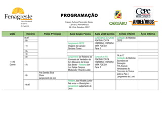  
	
  
	
  
PROGRAMAÇÃO
	
  
Espaço	
  Cultural	
  Tancredo	
  Neves	
  
Caruaru,	
  Pernambuco	
  
10-­‐15	
  de	
  Outubro,	
  2017	
   	
  
	
  
	
  
	
  
	
   	
   	
  
	
  
Data Horário Palco Principal Sala Souza Pepeu Sala Vital Santos Tenda Infantil Área Interna
11/10
Quarta
9h30 Curso (9h30 às 12h30)
POESIA CONTA
HISTÓRIA, HISTÓRIA
VIRA POESIA
Parte 1
Contação de Histórias
CEPE10h
11h
Lançamento CEPE
Imagens de Caruaru
Terciano Torres
12h
14h
Curso (1 às 17)
POESIA CONTA
HISTÓRIA, HISTÓRIA
VIRA POESIA
Parte 2
14 às 17
Contação de Histórias
Secretaria de
Educação
17h Anúncio
Vencedores do
Concurso de Textos
sobre a Paz e
Lançamento do Livro
15h Lançamento do Relatório da
Comissão da Verdade e do
livro Massacre da Granja
São Bento – Palestra com
Luiz Felipe Campos
Moderador: Ricardo Leitão
17h
18h
Frei Damião Silva
Show
Lançamento de livro
19h30
Palestra José Nivaldo Júnior
fala sobre --- Revoluções -
Lançamento Julgamento de
Deus
	
   	
  
 