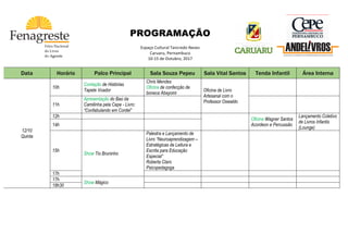  
	
  
	
  
PROGRAMAÇÃO
	
  
Espaço	
  Cultural	
  Tancredo	
  Neves	
  
Caruaru,	
  Pernambuco	
  
10-­‐15	
  de	
  Outubro,	
  2017	
   	
  
	
  
	
  
	
  
	
   	
   	
  
	
  
Data Horário Palco Principal Sala Souza Pepeu Sala Vital Santos Tenda Infantil Área Interna
12/10
Quinta
10h
Contação de Histórias
Tapete Voador
Chris Mendes
Oficina de confecção de
boneca Abayomi
Oficina de Livro
Artesanal com o
Professor Oswaldo
11h
Apresentação do Baú da
Camilinha pela Cepe - Livro:
“Confabulando em Cordel”
12h
Oficina Wagner Santos
Acordeon e Percussão
Lançamento Coletivo
de Livros Infantis
(Lounge)
14h
15h
Show Tio Bruninho
Palestra e Lançamento de
Livro “Neuroaprendizagem –
Estratégicas de Leitura e
Escrita para Educação
Especial”
Roberta Claro
Psicopedagoga
17h
17h
Show Mágico
18h30
	
   	
  
 