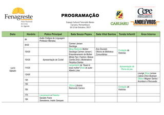  
	
  
	
  
PROGRAMAÇÃO
	
  
Espaço	
  Cultural	
  Tancredo	
  Neves	
  
Caruaru,	
  Pernambuco	
  
10-­‐15	
  de	
  Outubro,	
  2017	
   	
  
	
  
	
  
	
  
	
   	
   	
  
	
  
Data Horário Palco Principal Sala Souza Pepeu Sala Vital Santos Tenda Infantil Área Interna
14/10
Sábado
9h
Aulão Códigos de Linguagem
Professor Menelau
9h30
Carmen Jansen
Sexóloga
Contação de
Histórias
10h30
Mesa Redonda Mulher
Sexóloga Carmen Jansen |
Empoderamento da Mulher
Mirela Paz | Fashion, Beleza
Camila Diniz | Moderadora:
Perpétua Dantas
Ana Dourado
Oficina de Biblioteca
Comunitárias
10h30 Apresentação de Cordel
11h30
Lançamento de “Quem é
essa mulher” |Fala do autor
Alberto Lima
Apresentação de
Perna de pau
12h00
Lounge Show Larissa
Lisboa Chico Buarque
14h
Oficina Wagner Santos -
Acordeon e Percussão
15h
Oficina Literária
Raimundo Carrero
16h
Contação de
Histórias
17h Lançamento e Palestra
Geraldo Freire
Seresteiros, Inaldo Sampaio
18h
 