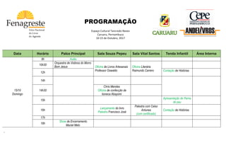  
	
  
	
  
PROGRAMAÇÃO
	
  
Espaço	
  Cultural	
  Tancredo	
  Neves	
  
Caruaru,	
  Pernambuco	
  
10-­‐15	
  de	
  Outubro,	
  2017	
   	
  
	
  
	
  
	
  
	
   	
   	
  
	
  
	
  
Data Horário Palco Principal Sala Souza Pepeu Sala Vital Santos Tenda Infantil Área Interna
15/10
Domingo
9h Aulão
10h30
Orquestra de Violinos do Morro
Bom Jesus Oficina de Livros Artesanais
Professor Oswaldo
Oficina Literária
Raimundo Carrero
12h
Contação de Histórias
14h
	
  
14h30
Chris Mendes
Oficina de confecção de
boneca Abayomi
15h 	
  
Apresentação de Perna
de pau
16h 	
  
Lançamento do livro
Palestra Francisco José
Palestra com Celso
Antunes
(com certificado) 	
  
Contação de Histórias
17h 	
   	
   	
  
18h
Show de Encerramento
Maciel Melo	
  	
  
	
   	
  
	
  
‘	
  
 
