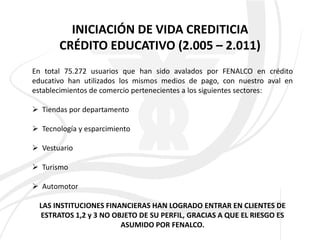 INICIACIÓN DE VIDA CREDITICIA
       CRÉDITO EDUCATIVO (2.005 – 2.011)
En total 75.272 usuarios que han sido avalados por FENALCO en crédito
educativo han utilizados los mismos medios de pago, con nuestro aval en
establecimientos de comercio pertenecientes a los siguientes sectores:

 Tiendas por departamento

 Tecnología y esparcimiento

 Vestuario

 Turismo

 Automotor

  LAS INSTITUCIONES FINANCIERAS HAN LOGRADO ENTRAR EN CLIENTES DE
  ESTRATOS 1,2 y 3 NO OBJETO DE SU PERFIL, GRACIAS A QUE EL RIESGO ES
                        ASUMIDO POR FENALCO.
 