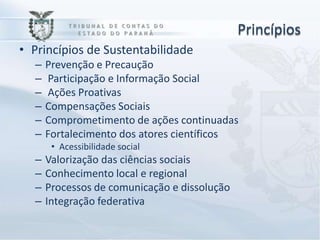 Princípios
• Princípios de Sustentabilidade
  –   Prevenção e Precaução
  –   Participação e Informação Social
  –   Ações Proativas
  –   Compensações Sociais
  –   Comprometimento de ações continuadas
  –   Fortalecimento dos atores científicos
       • Acessibilidade social
  –   Valorização das ciências sociais
  –   Conhecimento local e regional
  –   Processos de comunicação e dissolução
  –   Integração federativa
 