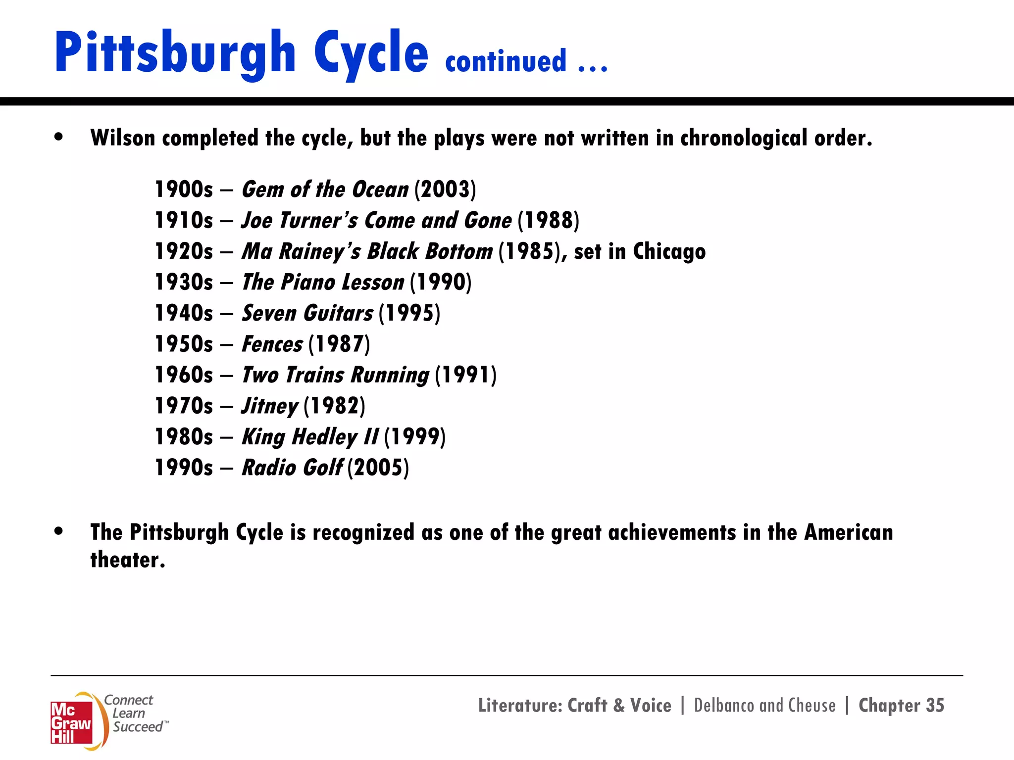 Pittsburgh Cycle  continued … Wilson completed the cycle, but the plays were not written in chronological order. 1900s  ―   Gem of the Ocean  (2003)  1910s  ―  Joe Turner’s Come and Gone  (1988)  1920s  ―   Ma Rainey’s Black Bottom  (1985), set in Chicago  1930s  ―  The Piano Lesson  (1990) 1940s  ―  Seven Guitars  (1995)  1950s  ―  Fences  (1987)  1960s  ―  Two Trains Running  (1991)  1970s  ―  Jitney  (1982)  1980s  ―  King Hedley II  (1999)  1990s  ―  Radio Golf  (2005)  The Pittsburgh Cycle is recognized as one of the great achievements in the American theater. 