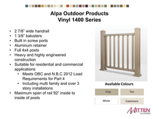 Vinyl 1400 Series
• 2 7/8” wide handrail
• 1 3/8” balusters
• Built in screw ports
• Aluminum retainer
• Full 4x4 posts
• Heavy and highly engineered
construction
• Suitable for residential and commercial
applications
• Meets OBC and N.B.C 2012 Load
Requirements for Part 4
• Including multi family and over 3
story installations
• Maximum span of rail 92” inside to
inside of posts
Clay Tan
CashmereWhite
Available Colours
Alpa Outdoor Products
 