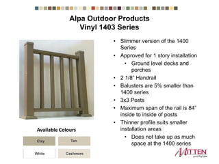 • Slimmer version of the 1400 Series
• Approved for 1 story installation
• Ground level decks and porches
• 2 1/8” Handrail
• Balusters are 5% smaller than 1400
series
• 3x3 Posts
• Maximum span of the rail is 84” inside
to inside of posts
• Thinner profile suits smaller installation
areas
• Does not take up as much space
at the 1400 series
Vinyl 1403 Series
Clay Tan
CashmereWhite
Available Colours
Alpa Outdoor Products
 