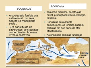 SOCIEDADE
ECONOMIA
 A sociedade fenícia era
estamental , ou seja,
não havia mobilidade
social.
 Era constituída de
sacerdotes, aristocratas,
comerciantes, homens
livres e escravos.
 comércio marítimo, construção
naval, produção têxtil e metalurgia,
pirataria.
 Por causa do aumento
populacional, os fenícios criaram
colônias em boa parte do Mar
Mediterrâneo.
 As principais colônias fundadas
foram Cartago , no norte da África,
e Cádiz , na Espanha.
 