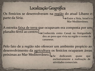 Os Fenícios se desenvolveram na região do atual Líbano e
parte da Síria.
A estreita faixa de terra que ocupavam era composta por um
planalto fértil ao centro.
Pelo fato de a região não oferecer um ambiente propicio ao
desenvolvimento da agricultura os fenícios ocuparam áreas
próximas ao Mar Mediterrâneo.
Entre a Síria, Israel e o
Mar Mediterrâneo.
Conhecida como Canaã na Antiguidade
deu ao povo que vivia na região o nome de
cananeus.
Se dedicaram quase que
exclusivamente a realização de
atividades comerciais.
 