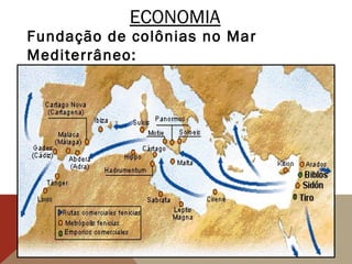 ECONOMIA
Fundação de colônias no Mar
Mediterrâneo:
 Cartago (TUN), Cádiz e Málaga (ESP); Palermo (ITA);
 