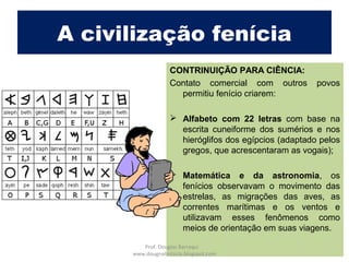 CONTRINUIÇÃO PARA CIÊNCIA:
Contato comercial com outros povos
permitiu fenício criarem:
 Alfabeto com 22 letras com base na
escrita cuneiforme dos sumérios e nos
hieróglifos dos egípcios (adaptado pelos
gregos, que acrescentaram as vogais);
 Matemática e da astronomia, os
fenícios observavam o movimento das
estrelas, as migrações das aves, as
correntes marítimas e os ventos e
utilizavam esses fenômenos como
meios de orientação em suas viagens.
A civilização fenícia
Prof. Douglas Barraqui
www.dougnahistoria.blogspot.com
 