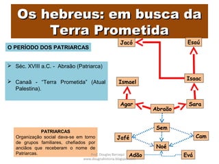 Os hebreus: em busca daOs hebreus: em busca da
Terra PrometidaTerra Prometida
 Séc. XVIII a.C. - Abraão (Patriarca)
 Canaã - “Terra Prometida” (Atual
Palestina).
O PERÍODO DOS PATRIARCAS
PATRIARCAS
Organização social dava-se em torno
de grupos familiares, chefiados por
anciãos que receberam o nome de
Patriarcas.
Abraão
SaraAgar
Ismael
Isaac
Jacó Esaú
Sem
Jafé Cam
Noé
Adão EváProf. Douglas Barraqui
www.dougnahistoria.blogspot.com
 