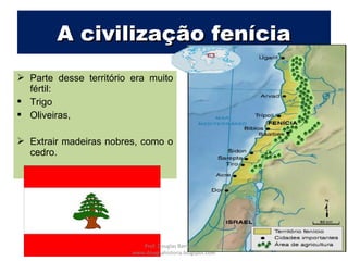 A civilização feníciaA civilização fenícia
 Parte desse território era muito
fértil:
 Trigo
 Oliveiras,
 Extrair madeiras nobres, como o
cedro.
Prof. Douglas Barraqui
www.dougnahistoria.blogspot.com
 