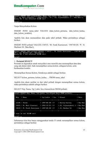 Tanpa Menyebutkan Kolom
INSERT INTO nama_tabel VALUES (data_kolom_pertama, data_kolom_kedua,
data_kolom_terakhir);
Apabila kita akan memasukkan data pada tabel pribadi. Maka perintahnya sebagai
berikut:
INSERT INTO pribadi VALUES ('34532', 'M. Fendi Kurniawan', '1987/05/20', 'P', 'Jl.
Murhum 54', 'Bau-Bau');
3. Perintah SELECT
Perintah ini digunakan untuk menyeleksi atau memilih atau menampilkan data-data
yang ada dalam tabel. baik menampilkan semua kolom, sebagian kolom, serta
berdasarkan kondisi.
Menampilkan Semua Kolom, Sintaksnya adalah sebagai berikut.
SELECT kolom_pertama, kolom_kedua, ... FROM nama_tabel
Apabila kita akam melihat isi dari tabel pribadi dengan menampilkan semua kolom,
maka perintahnya adalah sebagai berikut:
SELECT Nip, Nama, Tgl_Lahir, Sex,Alamat,Kota FROM pribadi;
Sebenarnya kita bisa hanya menggunakan tanda (*) untuk menampilkan semua kolom,
perintahnya sebagai berikut:
Komunitas eLearning IlmuKomputer.Com
Copyright © 2003-2009 IlmuKomputer.Com
15
 