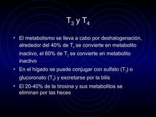 T3 y T4
• El metabolismo se lleva a cabo por deshalogenación,
alrededor del 40% de T4 se convierte en metabolito
inactivo, el 60% de T3 se convierte en metabolito
inactivo
• En el hígado se puede conjugar con sulfato (T3) o
glucoronato (T4) y excretarse por la bilis
• El 20-40% de la tiroxina y sus metabolitos se
eliminan por las heces
 