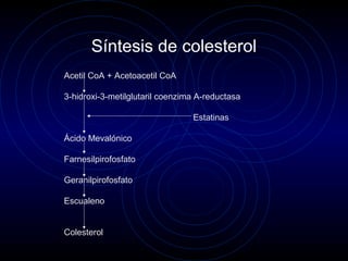 Síntesis de colesterol
Acetil CoA + Acetoacetil CoA
3-hidroxi-3-metilglutaril coenzima A-reductasa
Estatinas
Ácido Mevalónico
Farnesilpirofosfato
Geranilpirofosfato
Escualeno
Colesterol
 