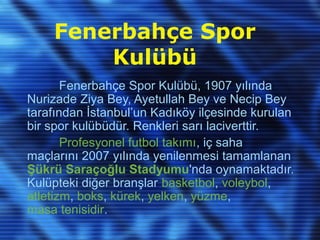 Fenerbahçe Spor
Kulübü
Fenerbahçe Spor Kulübü, 1907 yılında
Nurizade Ziya Bey, Ayetullah Bey ve Necip Bey
tarafından İstanbul’un Kadıköy ilçesinde kurulan
bir spor kulübüdür. Renkleri sarı laciverttir.
Profesyonel futbol takımı, iç saha
maçlarını 2007 yılında yenilenmesi tamamlanan
Şükrü Saraçoğlu Stadyumu'nda oynamaktadır.
Kulüpteki diğer branşlar basketbol, voleybol,
atletizm, boks, kürek, yelken, yüzme,
masa tenisidir.
 