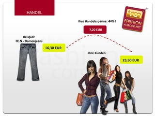 Beispiel: FE.N - Damenjeans 7,20 EUR 16,30 EUR 23,50 EUR HANDEL Ihre Kunden Ihre Handelsspanne: 44% ! 