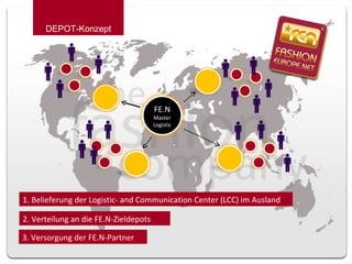 1. Belieferung der Logistic- and Communication Center (LCC) im Ausland  2. Verteilung an die FE.N-Zieldepots DEPOT-Konzept 3. Versorgung der FE.N-Partner FE.N  Master Logistic 