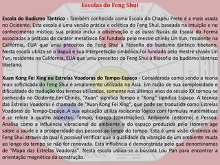 Escolas do FengShuiEscola do Budismo Tântrico - Também conhecida como Escola do Chapéu Preto é a mais usada no Ocidente. Esta escola é uma versão prática e eclética do FengShui, baseada na intuição e no conhecimento místico, sua prática inclui a observação e as curas físicas da Escola da Forma associadas a práticas de caráter metafísico Foi fundada pelo mestre chinês LinYun, residente na Califórnia, EUA que uniu preceitos do FengShuià filosofia do budismo tântrico tibetano. Nesta escola utiliza-se o Baguá e sua interpretação simbólica.Foi fundada pelo mestre chinês LinYun, residente na Califórnia, EUA que uniu preceitos do FengShuià filosofia do budismo tântrico tibetano. Xuan Kong Fei Xing ou Estrelas Voadoras do Tempo-Espaço - Considerada como sendo a teoria mais sofisticada do FengShui é amplamente utilizada na Ásia. Em razão de sua complexidade e dificuldade de tradução dos termos utilizados, somente nos últimos anos do século XX tornou-se conhecida no Ocidente.Em Chinês, "Xuan" significa Tempo e "Kong" significa Espaço. A técnica das Estrelas Voadoras é chamada de "Xuan Kong Fei Xing", que pode ser traduzida como Estrelas Voadoras do Tempo-Espaço..A sua aplicação utiliza raciocínio lógico com fórmulas matemáticas e se refere a quatro aspectos: Tempo, Espaço (construções), Ambiente (entorno) e Pessoa. Analisa como a influência vibracional do ambiente e do espaço produzida pelo Homem age sobre a saúde e a prosperidade das pessoas ao longo do tempo. Esta é uma visão dinâmica do FengShui através da qual é possível verificar que a qualidade da vibração de um ambiente muda ao longo do tempo se não for renovada. Esta influência é demonstrada pelo que denominamos de "Mapa das Estrelas Voadoras". Nesta escola utiliza-se a bússola Lou Pan para encontrar a orientação magnética da construção. 