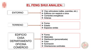 EL FENG SHUI ANALIZA:
ENTORNO
❖ Vías vehiculares (calles, avenidas, etc.)
❖ Edificios con respecto a otros
❖ Corrientes energéticas
❖ Antenas
TERRENO
❖ Forma
❖ Estado
❖ Espacios verdes
EDIFICIO
CASA
DEPARTAMENTO
OFICINA
COMERCIO
❖ Forma
❖ Materiales
❖ Distribución (personalizada)
❖ Color
❖ Iluminación
❖ Orientaciones cardinales
 