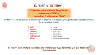 EL “CHI” y EL “SHA”
El “CHI” es la fuerza que une el hombre con su entorno, es el espíritu y energía humana o aliento cósmico.
Es la esencia de la vida.
El “CHI”
• Natural
• Celestial
• Humano
• Habitacional
• Social
El “SHA”
• Preexitente
• Palpable
• Desorden
• Flujo rápido
• Flechas envenenadas
El “SHA” es la energía estancada ; la energía que fluye acelerada y la que bloquea el
flujo pausado
El objetivo primordial del Feng Shui es
maximizar el “CHI” y
minimizar ó eliminar el “SHA”
 