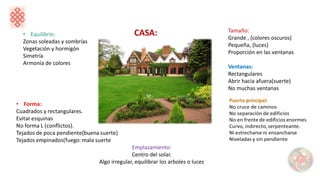 CASA:• Equilibrio:
Zonas soleadas y sombrías
Vegetación y hormigón
Simetría
Armonía de colores
Tamaño:
Grande , (colores oscuros)
Pequeña, (luces)
Proporción en las ventanas
Emplazamiento:
Centro del solar.
Algo irregular, equilibrar los arboles o luces
Ventanas:
Rectangulares
Abrir hacia afuera(suerte)
No muchas ventanas
 