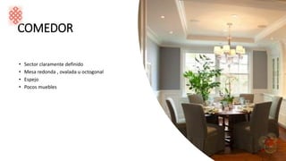 COMEDOR
• Sector claramente definido
• Mesa redonda , ovalada u octogonal
• Espejo
• Pocos muebles
 