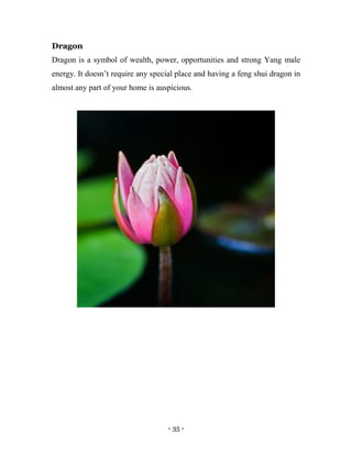 - 35 -
Dragon
Dragon is a symbol of wealth, power, opportunities and strong Yang male
energy. It doesn’t require any special place and having a feng shui dragon in
almost any part of your home is auspicious.
 