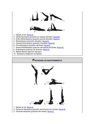 1. Saludo al sol: figura A.
2. Utthita Konasana (posición en ángulo elevado): figura B.
3. Ardha Sthambasana (posición parcial del pilar): figura C.
4. Sthambasana (posición del pilar): figura D.
5. Viparita Karaniasana (posición invertida): figura E.
6. Purvottanasana (posición del Este): figura F.
7. Sayana Buddhasana (posición del reposo de Buda): figura G.
8. Anantasana (posición de Ananta): figura H.
9. Matsya Mudra (ejercicio del pez).
10. Savasana (relajación completa).
PROGRAMA DE MANTENIMIENTO
1. Saludo al sol: figura A.
2. Paripurna Navasana (posición de la barca con remos): figura B.
3. Pavanamuktasana (posición del viento): figura C.
 