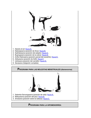 1. Saludo al sol: figura A.
2. Natarajasana (posición de Siva): figura B.
3. Sadhakasana (posición del adepto): figura C.
4. Bujangasana (posición de la cobra): figura D.
5. Ardha Nakrasana (posición parcial del cocodrilo): figura E.
6. Adityasana (posición de Aditi): figura F.
7. Ustrasana (posición del camello): figura G.
8. Savasana (relajación completa).
PROGRAMA PARA LAS MOLESTIAS MENSTRUALES (dismenorrea)
1. Salamba Sarvangasana (posición de vela): figura A.
2. Matsyasana (posición del pez): figura B.
3. Sirsasana (posición sobre la cabeza): figura C.
PROGRAMA PARA LA HIPOMENORREA
 