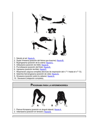 1. Saludo al sol: figura A.
2. Supta Virasana (posición del héroe que duerme): figura B.
3. Bujangasana (posición de la cobra): figura C.
4. Adityasana (posición de Aditi): figura D.
5. Purvottasana (posición del Este): figura E.
6. Ugrasana (posición terrible): figura F.
7. Respiración yóguica completa (técnicas de respiración del n.o 1 hasta el n.o 13).
8. Salamba Sarvangasana (posición de vela): figura G.
9. Sirsasana (posición sobre la cabeza): figura H.
10. Savasana (relajación completa).
PROGRAMA PARA LA HIPERMENORREA
1. Parsva Konasana (posición en ángulo lateral): figura A.
2. Uttanasana (posición en tensión): figura B.
 
