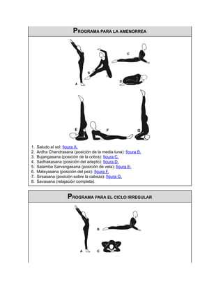 PROGRAMA PARA LA AMENORREA
1. Saludo al sol: figura A.
2. Ardha Chandrasana (posición de la media luna): figura B.
3. Bujangasana (posición de la cobra): figura C.
4. Sadhakasana (posición del adepto): figura D.
5. Salamba Sarvangasana (posición de vela): figura E.
6. Matsyasana (posición del pez): figura F.
7. Sirsasana (posición sobre la cabeza): figura G.
8. Savasana (relajación completa).
PROGRAMA PARA EL CICLO IRREGULAR
 