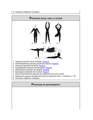 8. Savasana (relajación completa).
PROGRAMA INICIAL PARA LA CIFOSIS
1. Tadasana (posición de la montaña): figura A.
2. Ardha Natyasana (posición parcial de la danza): figura B.
3. Vrksasana (posición del árbol): figura C.
4. Ganapatiasana (posición de Ganapati): figura D.
5. Sadhakasana (posición del adepto): figura E.
6. Bujangasana (posición de la cobra): figura F.
7. Surya Chandra Mudra (ejercicio de relajación de la luna y el sol).
8. Respiración yóguica completa (técnicas de respiración del n.o 1 hasta el n.o 13).
9. Savasana (relajación completa).
PROGRAMA DE MANTENIMIENTO
 