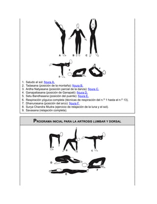 1. Saludo al sol: figura A.
2. Tadasana (posición de la montaña): figura B.
3. Ardha Natyasana (posición parcial de la danza): figura C.
4. Ganapatiasana (posición de Ganapati): figura D.
5. Setu Bandhasana (posición del puente): figura E.
6. Respiración yóguica completa (técnicas de respiración del n.o 1 hasta el n.o 13).
7. Dhanurasana (posición del arco): figura F.
8. Surya Chandra Mudra (ejercicio de relajación de la luna y el sol).
9. Savasana (relajación completa).
PROGRAMA INICIAL PARA LA ARTROSIS LUMBAR Y DORSAL
 