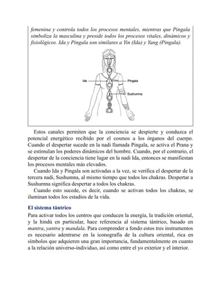 femenina y controla todos los procesos mentales, mientras que Pingala
simboliza la masculina y preside todos los procesos vitales, dinámicos y
fisiológicos. Ida y Pingala son similares a Yin (Ida) y Yang (Pingala).
Estos canales permiten que la conciencia se despierte y conduzca el
potencial energético recibido por el cosmos a los órganos del cuerpo.
Cuando el despertar sucede en la nadi llamada Pingala, se activa el Prana y
se estimulan los poderes dinámicos del hombre. Cuando, por el contrario, el
despertar de la conciencia tiene lugar en la nadi Ida, entonces se manifiestan
los procesos mentales más elevados.
Cuando Ida y Pingala son activadas a la vez, se verifica el despertar de la
tercera nadi, Sushumna, al mismo tiempo que todos los chakras. Despertar a
Sushumna significa despertar a todos los chakras.
Cuando esto sucede, es decir, cuando se activan todos los chakras, se
iluminan todos los estadios de la vida.
El sistema tántrico
Para activar todos los centros que conducen la energía, la tradición oriental,
y la hindú en particular, hace referencia al sistema tántrico, basado en
mantra, yantra y mandala. Para comprender a fondo estos tres instrumentos
es necesario adentrarse en la iconografía de la cultura oriental, rica en
símbolos que adquieren una gran importancia, fundamentalmente en cuanto
a la relación universo-individuo, así como entre el yo exterior y el interior.
 