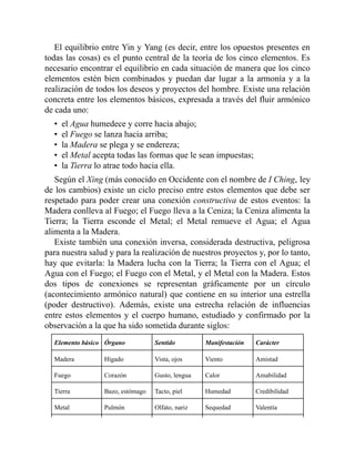 El equilibrio entre Yin y Yang (es decir, entre los opuestos presentes en
todas las cosas) es el punto central de la teoría de los cinco elementos. Es
necesario encontrar el equilibrio en cada situación de manera que los cinco
elementos estén bien combinados y puedan dar lugar a la armonía y a la
realización de todos los deseos y proyectos del hombre. Existe una relación
concreta entre los elementos básicos, expresada a través del fluir armónico
de cada uno:
• el Agua humedece y corre hacia abajo;
• el Fuego se lanza hacia arriba;
• la Madera se plega y se endereza;
• el Metal acepta todas las formas que le sean impuestas;
• la Tierra lo atrae todo hacia ella.
Según el Xing (más conocido en Occidente con el nombre de I Ching, ley
de los cambios) existe un ciclo preciso entre estos elementos que debe ser
respetado para poder crear una conexión constructiva de estos eventos: la
Madera conlleva al Fuego; el Fuego lleva a la Ceniza; la Ceniza alimenta la
Tierra; la Tierra esconde el Metal; el Metal remueve el Agua; el Agua
alimenta a la Madera.
Existe también una conexión inversa, considerada destructiva, peligrosa
para nuestra salud y para la realización de nuestros proyectos y, por lo tanto,
hay que evitarla: la Madera lucha con la Tierra; la Tierra con el Agua; el
Agua con el Fuego; el Fuego con el Metal, y el Metal con la Madera. Estos
dos tipos de conexiones se representan gráficamente por un círculo
(acontecimiento armónico natural) que contiene en su interior una estrella
(poder destructivo). Además, existe una estrecha relación de influencias
entre estos elementos y el cuerpo humano, estudiado y confirmado por la
observación a la que ha sido sometida durante siglos:
Elemento básico Órgano Sentido Manifestación Carácter
Madera Hígado Vista, ojos Viento Amistad
Fuego Corazón Gusto, lengua Calor Amabilidad
Tierra Bazo, estómago Tacto, piel Humedad Credibilidad
Metal Pulmón Olfato, nariz Sequedad Valentía
 