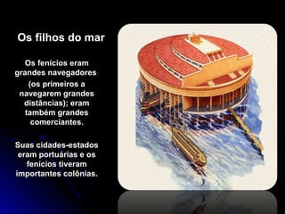 Os filhos do mar
Os fenícios eramOs fenícios eram
grandes navegadoresgrandes navegadores
(os primeiros a(os primeiros a
navegarem grandesnavegarem grandes
distâncias); eramdistâncias); eram
também grandestambém grandes
comerciantes.comerciantes.
Suas cidades-estadosSuas cidades-estados
eram portuárias e oseram portuárias e os
fenícios tiveramfenícios tiveram
importantes colônias.importantes colônias.
 