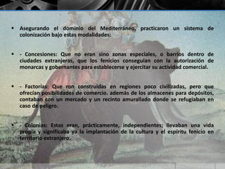  Asegurando el dominio del Mediterráneo, practicaron un sistema de 
colonización bajo estas modalidades: 
 - Concesiones: Que no eran sino zonas especiales, o barrios dentro de 
ciudades extranjeras, que los fenicios conseguían con la autorización de 
monarcas y gobernantes para establecerse y ejercitar su actividad comercial. 
 - Factorías: Que ron construidas en regiones poco civilizadas, pero que 
ofrecían posibilidades de comercio. además de los almacenes para depósitos, 
contaban con un mercado y un recinto amurallado donde se refugiaban en 
caso de peligro. 
 - Colonias: Estas eran, prácticamente, independientes; llevaban una vida 
propia y significaba ya la implantación de la cultura y el espíritu fenicio en 
territorio extranjero. 
 
