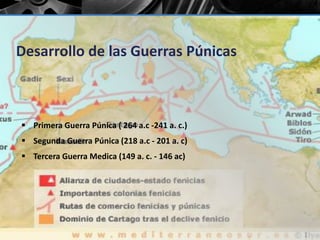Desarrollo de las Guerras Púnicas 
 Primera Guerra Púnica ( 264 a.c -241 a. c.) 
 Segunda Guerra Púnica (218 a.c - 201 a. c) 
 Tercera Guerra Medica (149 a. c. - 146 ac) 
 