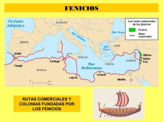 FENICIOS
RUTAS COMERCIALES Y
COLONIAS FUNDADAS POR
LOS FENICIOS