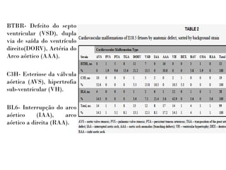 BTBR- Defeito do septo
ventricular (VSD), dupla
via de saída do ventrículo
direito(DORV), Artéria do
Arco aórtico (AAA).
C3H- Esteriose da válvula
aórtica (AVS), hipertrofia
sub-ventricular (VH).
BL6- Interrupção do arco
aórtico (IAA), arco
aórtico a direita (RAA).
 