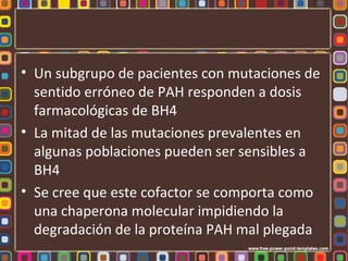 • Un subgrupo de pacientes con mutaciones de
  sentido erróneo de PAH responden a dosis
  farmacológicas de BH4
• La mitad de las mutaciones prevalentes en
  algunas poblaciones pueden ser sensibles a
  BH4
• Se cree que este cofactor se comporta como
  una chaperona molecular impidiendo la
  degradación de la proteína PAH mal plegada
 