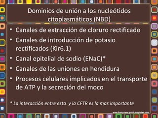 Dominios de unión a los nucleótidos
              citoplasmáticos (NBD)
• Canales de extracción de cloruro rectificado
• Canales de introducción de potasio
  rectificados (Kir6.1)
• Canal epitelial de sodio (ENaC)*
• Canales de las uniones en hendidura
• Procesos celulares implicados en el transporte
  de ATP y la secreción del moco

* La interacción entre esta y la CFTR es la mas importante
 