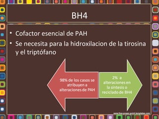 BH4
• Cofactor esencial de PAH
• Se necesita para la hidroxilacion de la tirosina
  y el triptófano
 
